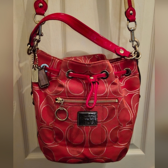 Coach Poppy Pink, Red, & Silver Signature Bucket Shoulder/Crossbody Bag - Picture 5 of 14